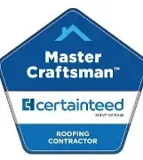 Blue and white Master Craftsman CertainTeed roofing contractor badge logo