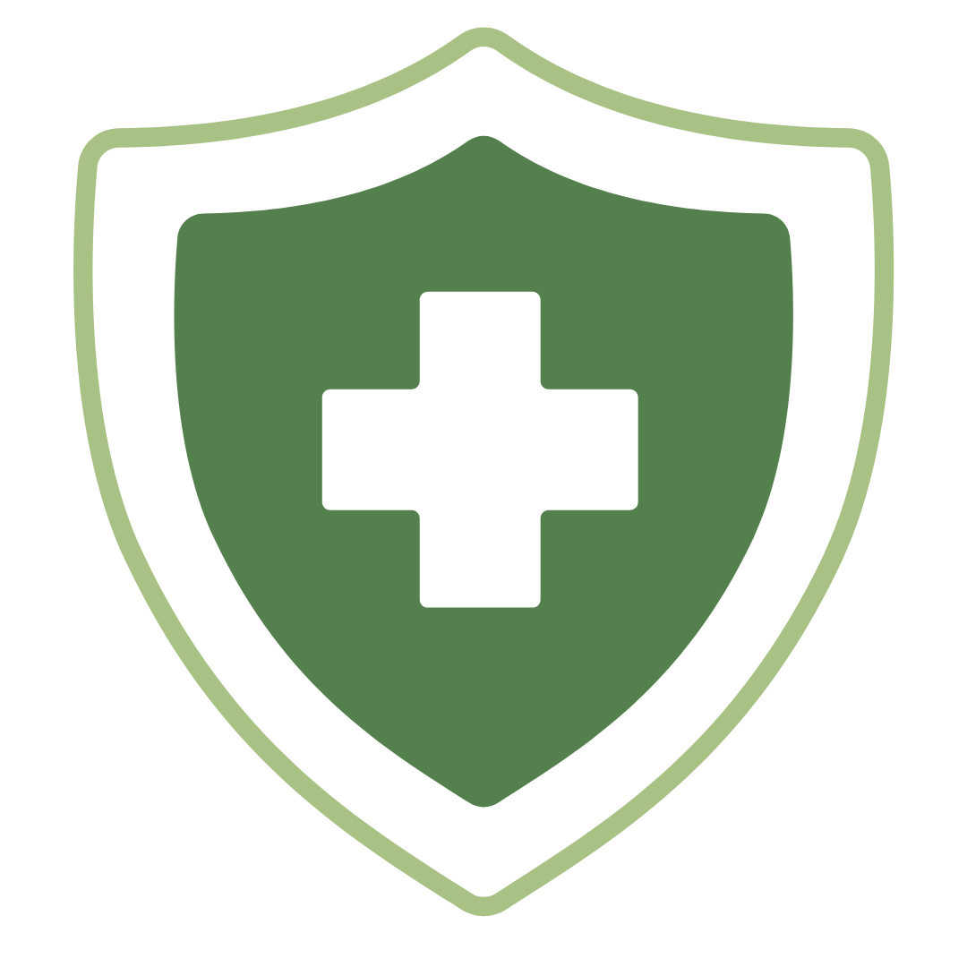 Green shield with a white cross, representing health and protection.