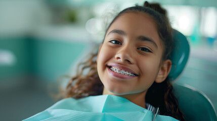 Girl with braces smiles in a dental chair, a dental bib on.