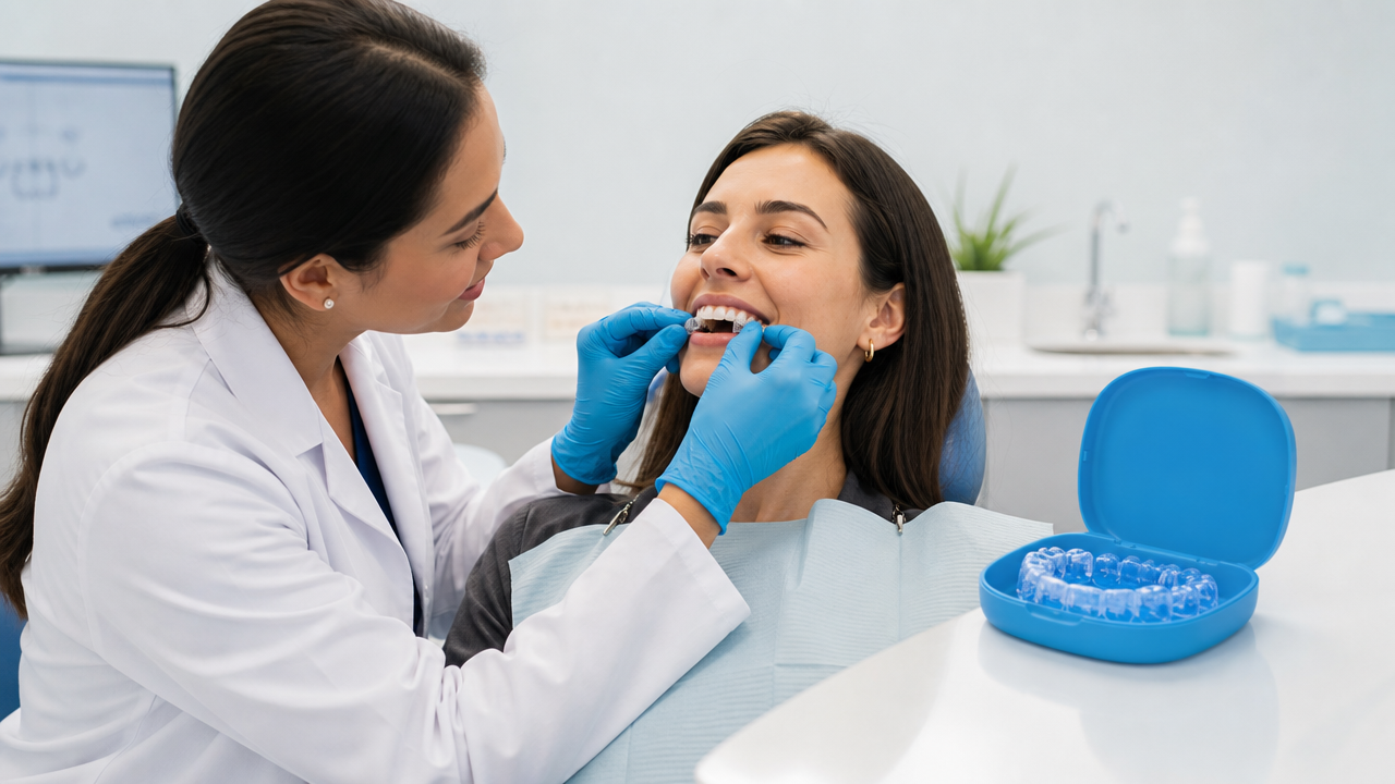 Dentist examining a patient’s teeth with blue gloves in a bright clinic, dental tray beside them