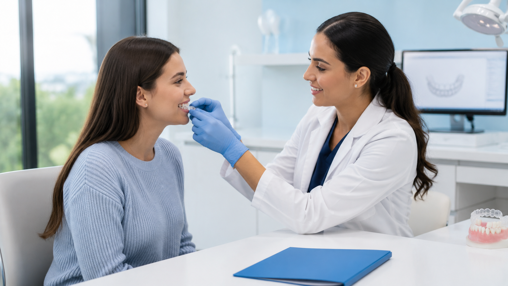 Doctor examining a patient’s throat in a bright clinic, with a clipboard on the desk.