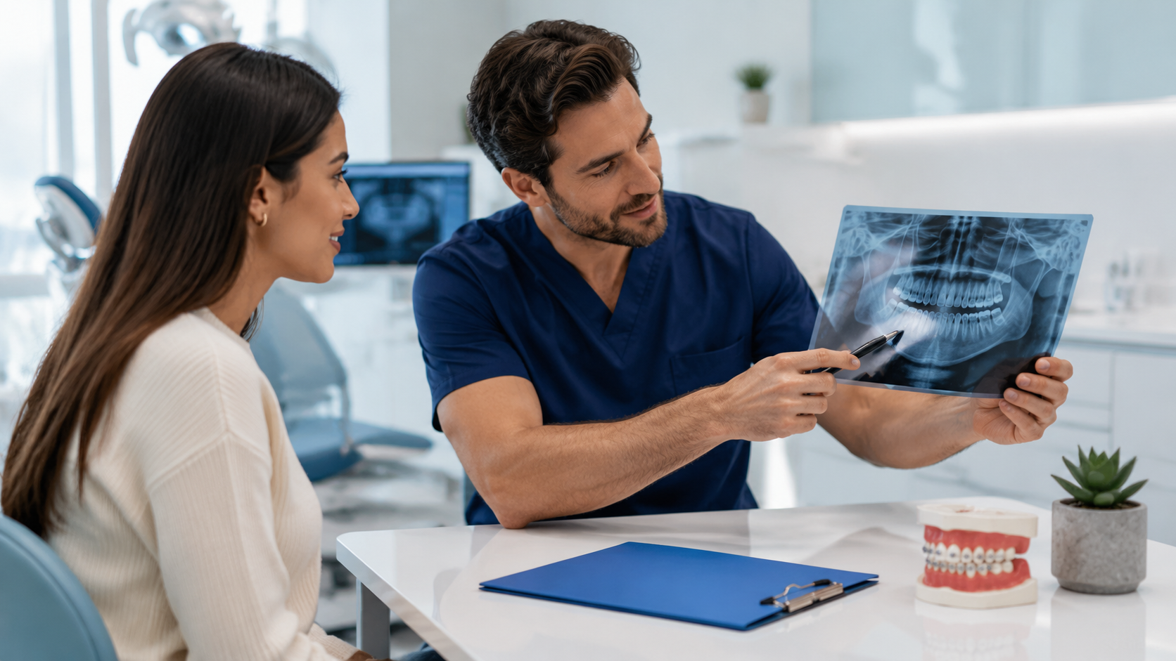 Two people reviewing an X-ray at a desk in a bright clinic, with a blue folder and small plant nearby.