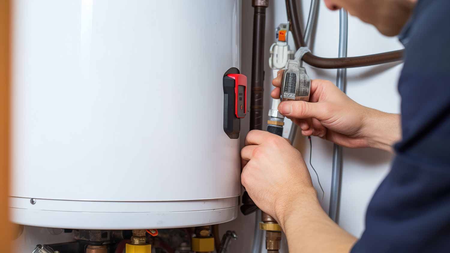A man is fixing a water heater with a wrench.