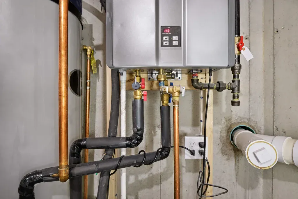 A water heater is sitting in a basement next to copper pipes.