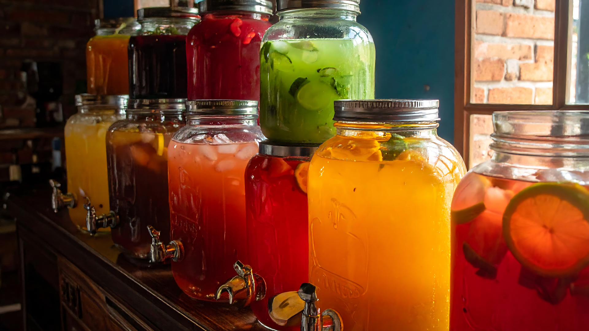 Colorful jars of fruit-infused drinks lined on a counter by a window, with citrus slices visible in one jar