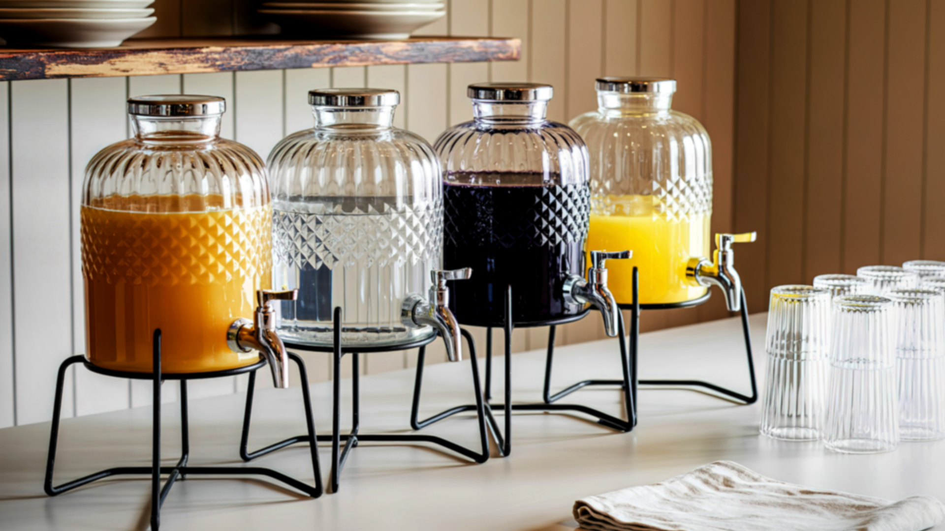 Four glass beverage dispensers with orange, clear, black, and yellow drinks on a countertop.