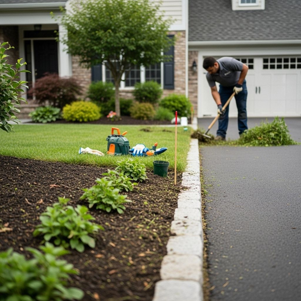 Gardener edging a mulched flower bed along a driveway in front of a house