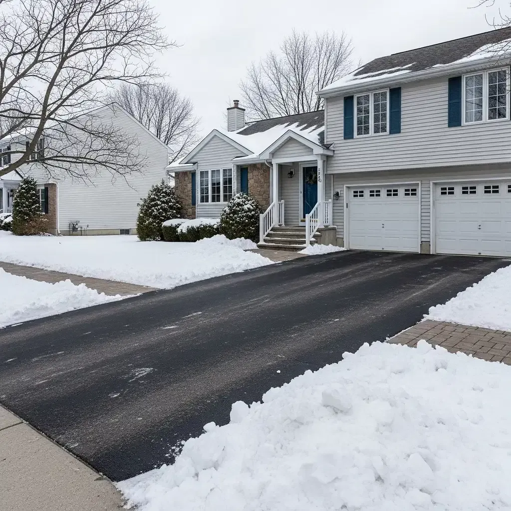 Snowy suburban house with a cleared driveway and attached garage, viewed from the street