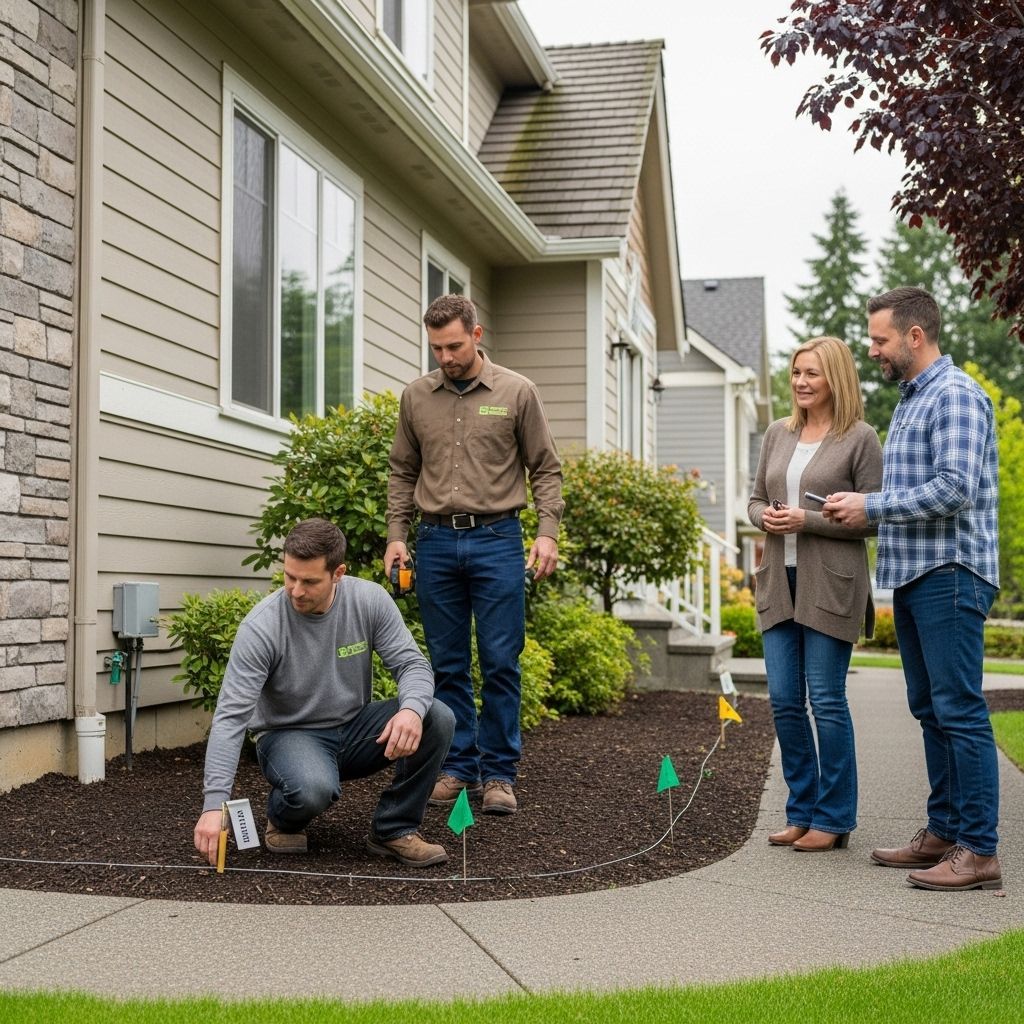 Three people inspect a home's front yard landscaping while one kneels by the walkway with markers.