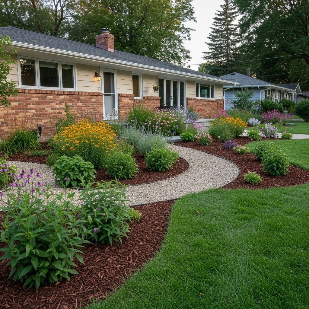 Brick house with curved gravel walkway, colorful flower beds, and green lawn