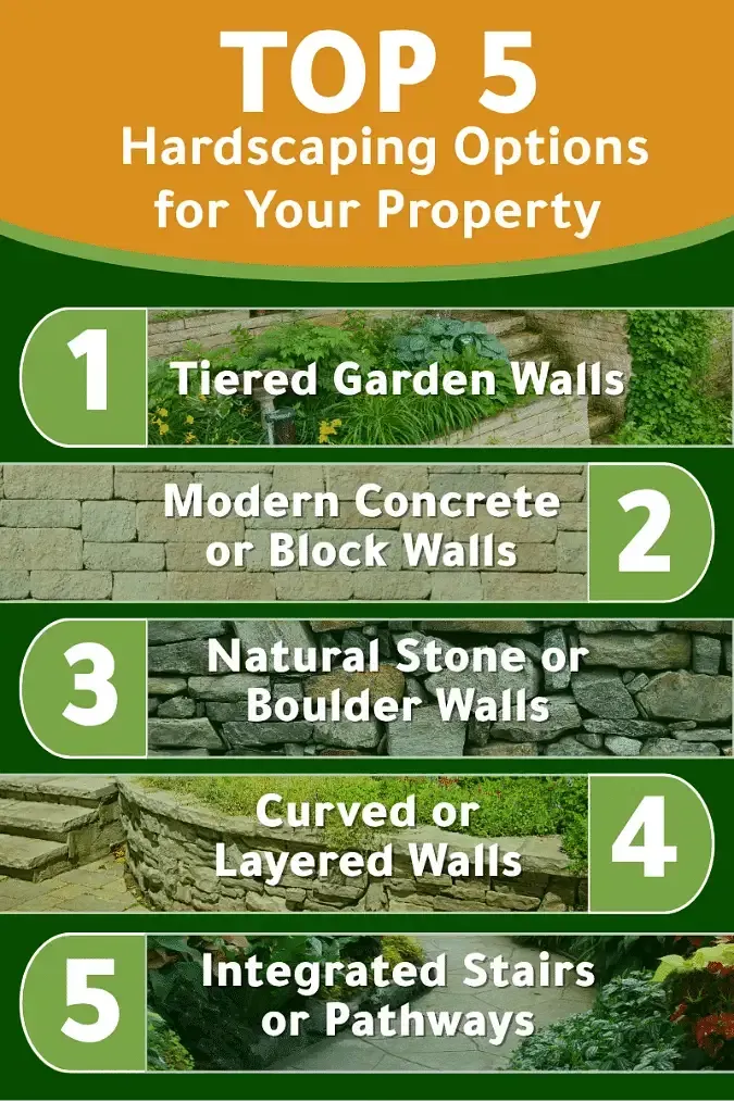 Top 5 hardscaping options for your property, with five numbered patio and wall styles.