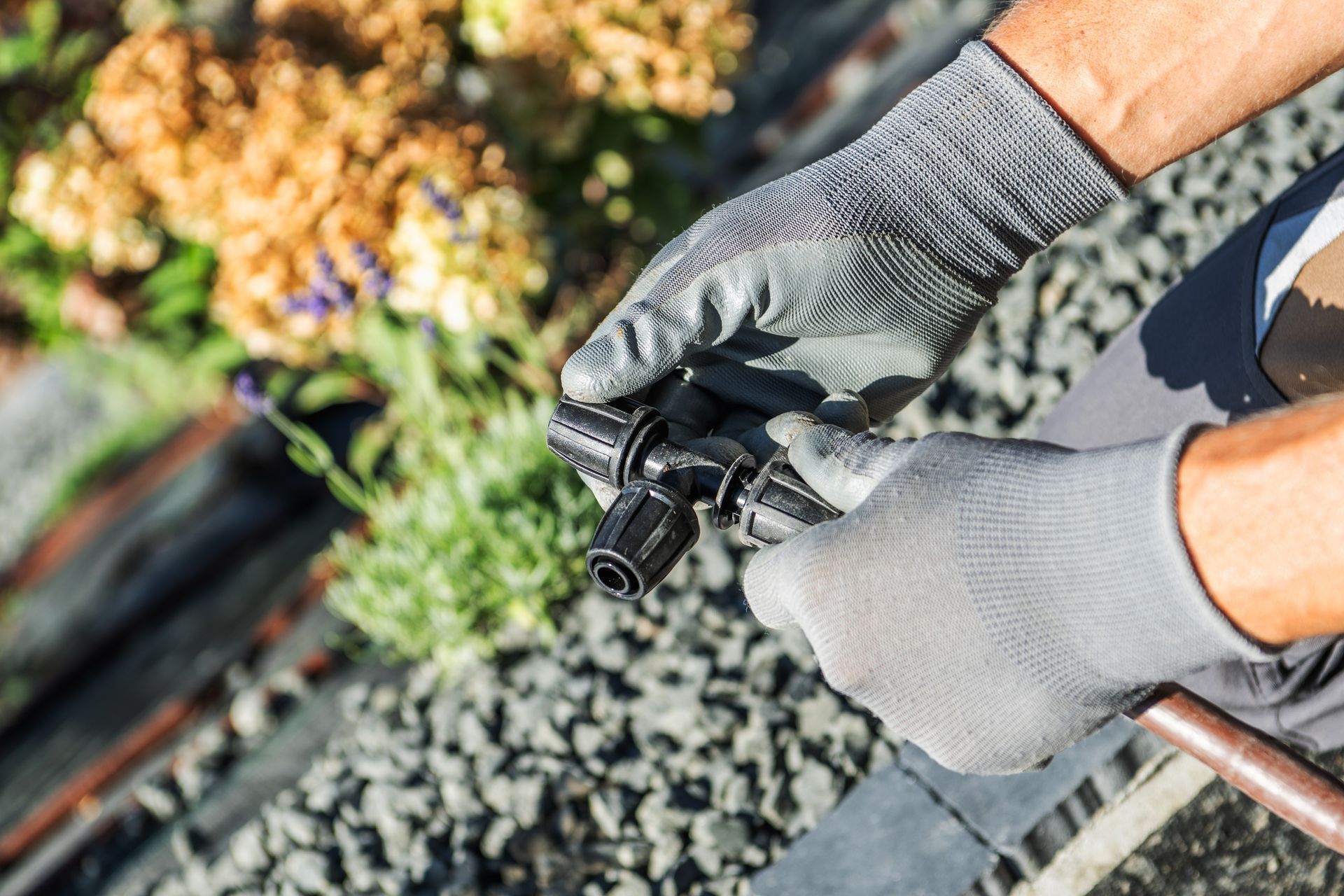 Gloved hands adjusting a sprinkler head on a gravel path with plants nearby