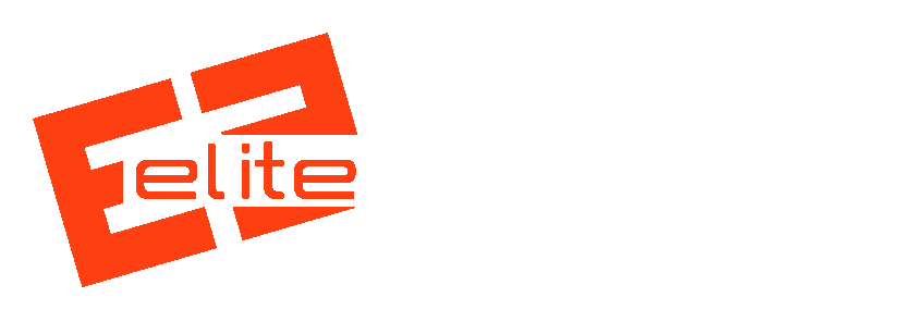 A red and white logo for a company called elite