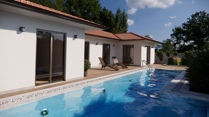 Casa con piscina; esterno bianco, tetto di tegole rosse, sedie a sdraio a bordo piscina, acqua azzurra, giornata di sole.