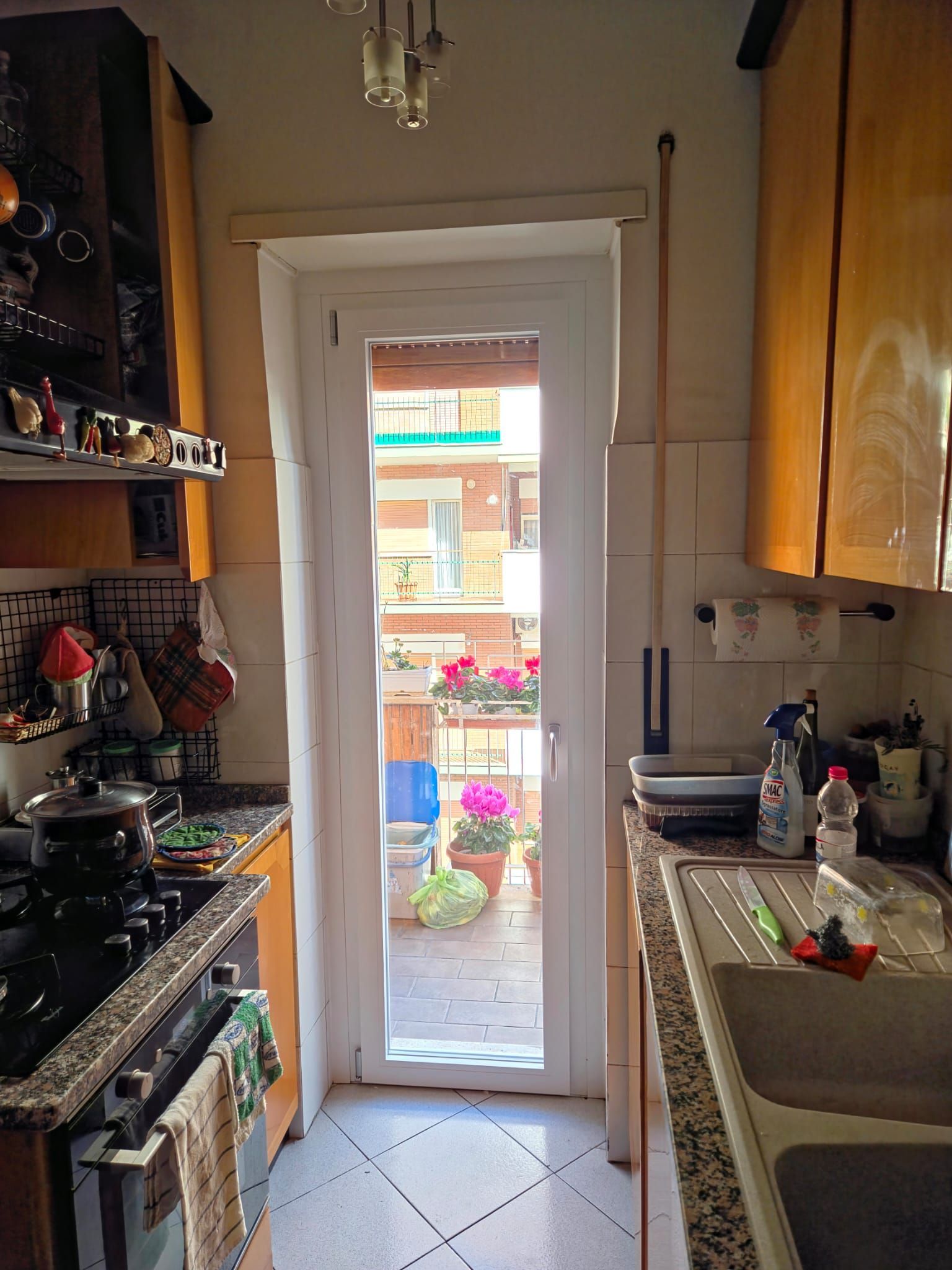 Cucina con porta aperta sul balcone, da cui si vedono edifici, fiori rosa e luce solare intensa.