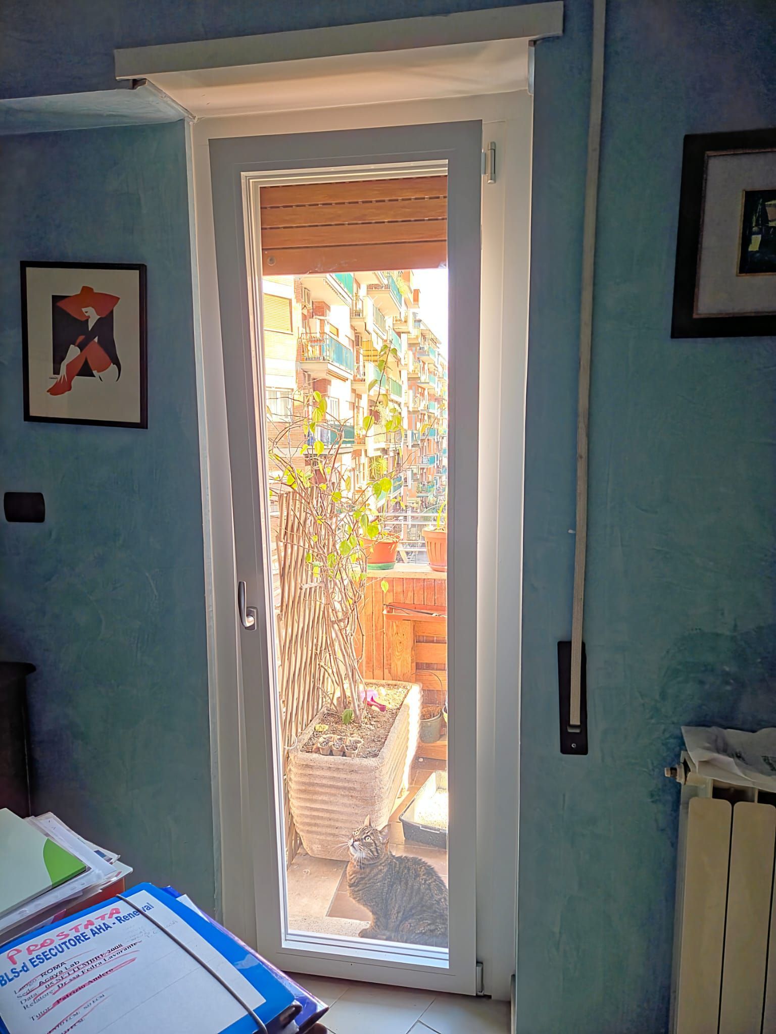 Un interno soleggiato con una porta aperta sul patio. Pareti blu, opere d'arte e uno scorcio dell'esterno.