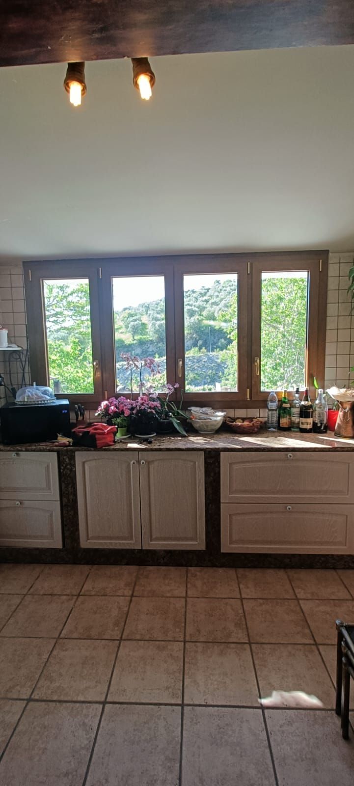 Interno della cucina con ampie finestre che si affacciano sugli alberi. Mobili color crema e pavimento piastrellato.