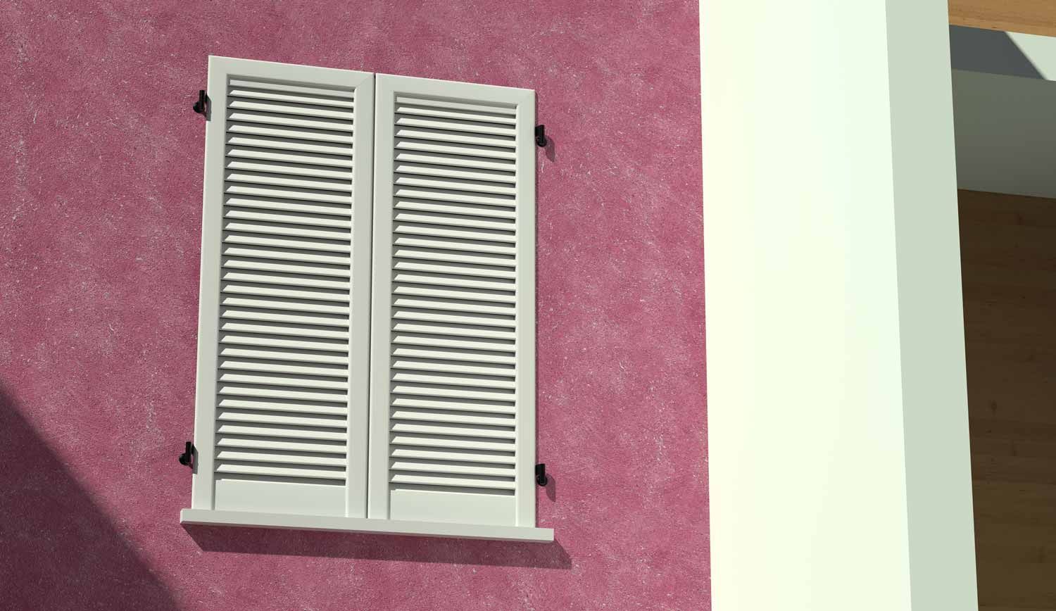 Finestra con persiane bianche su una parete rosa, ripresa esterna soleggiata.