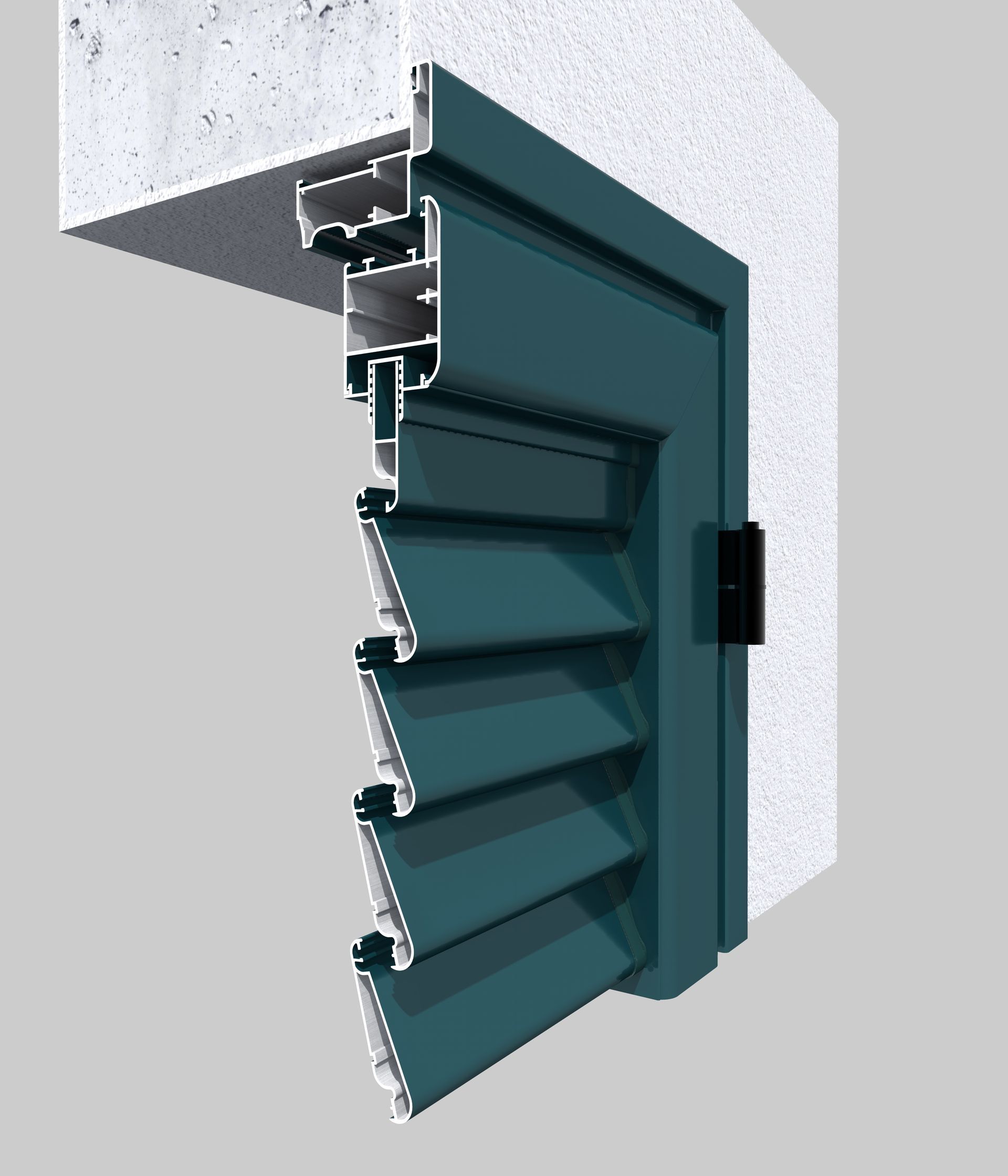 Persiana verde installata su un muro di cemento bianco. È visibile una cerniera nera.