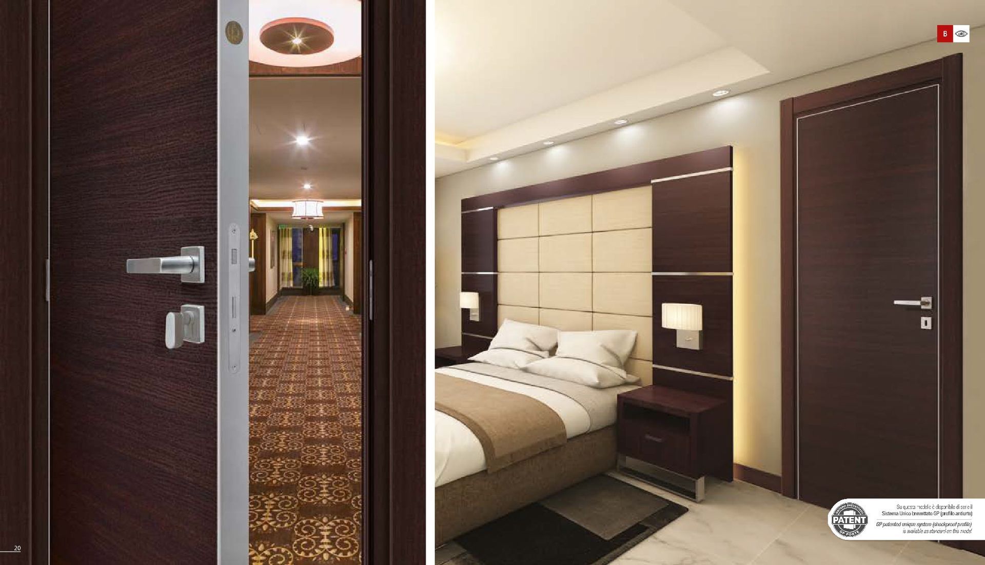 Due immagini di una porta di legno scuro in un hotel. Una mostra il corridoio, l'altra la camera da letto.