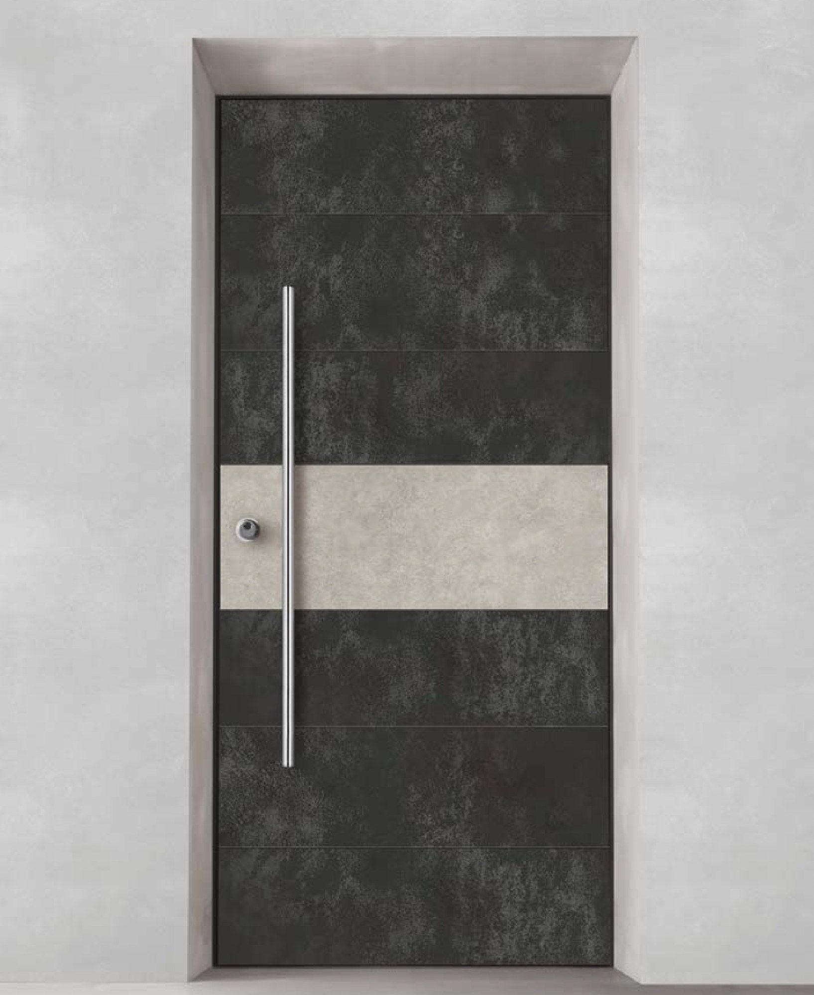 Porta moderna grigio scuro con maniglia argentata e striscia beige chiaro.