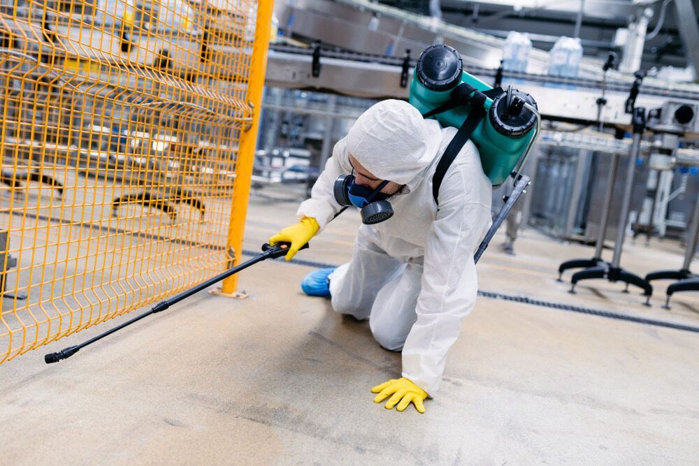 A Man in a Protective Suit is Spraying a Floor in a Factory — City Coast Pest Solutions In Shellharbour, NSW