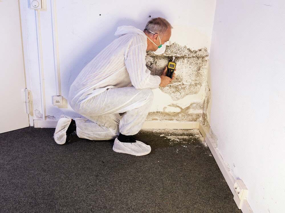 A Man in a White Suit is Kneeling Down in a Corner of a Room — City Coast Pest Solutions In Wollongong, NSW