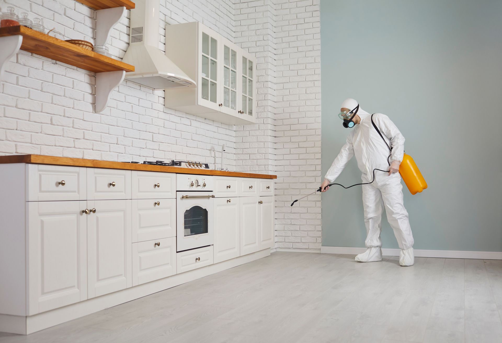 A Man in a Protective Suit is Spraying a Kitchen With a Spray Bottle — City Coast Pest Solutions In Wollongong, NSW