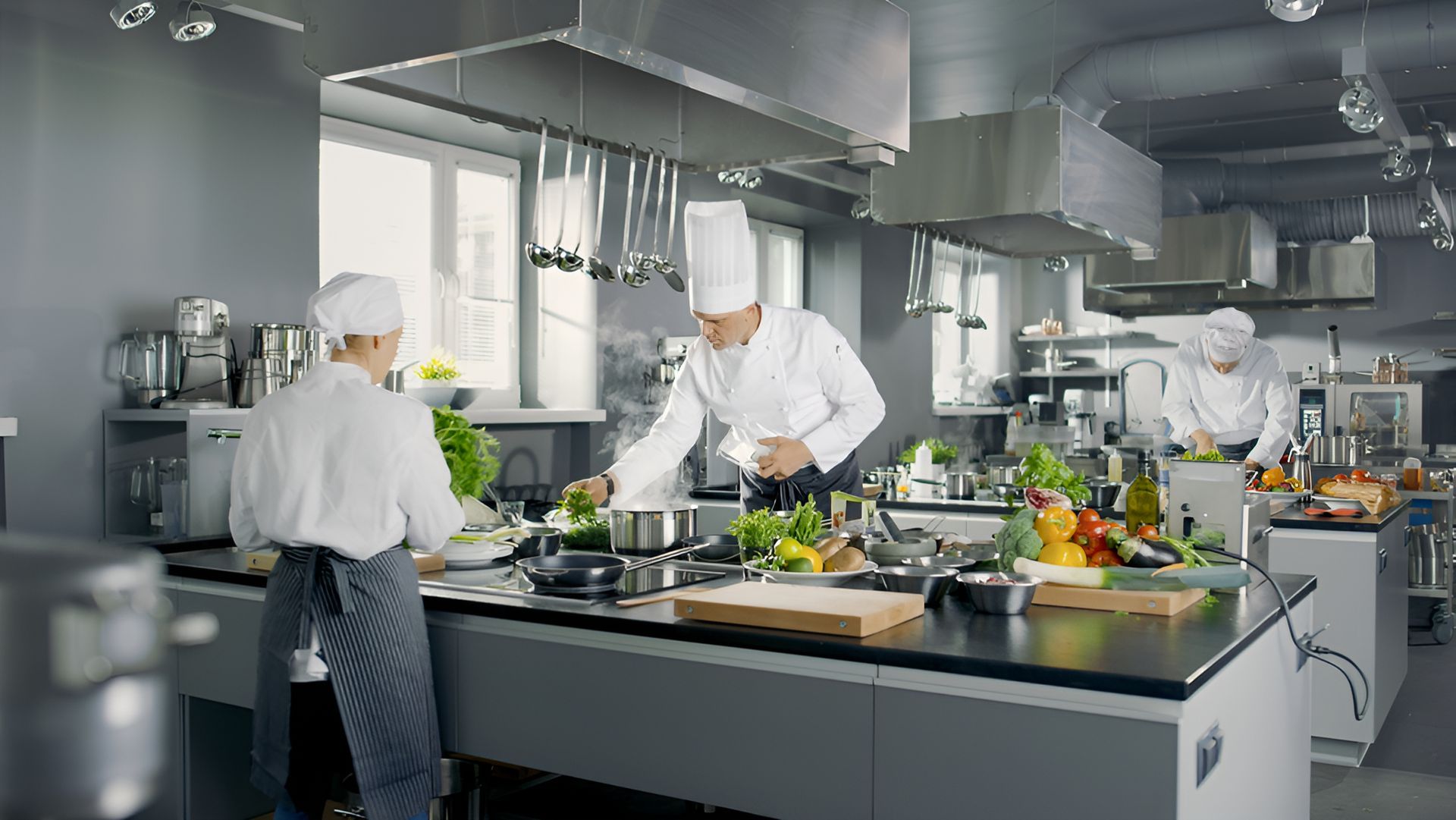 A Group of Chefs Are Preparing Food in a Commercial Kitchen — City Coast Pest Solutions In Wollongong, NSW