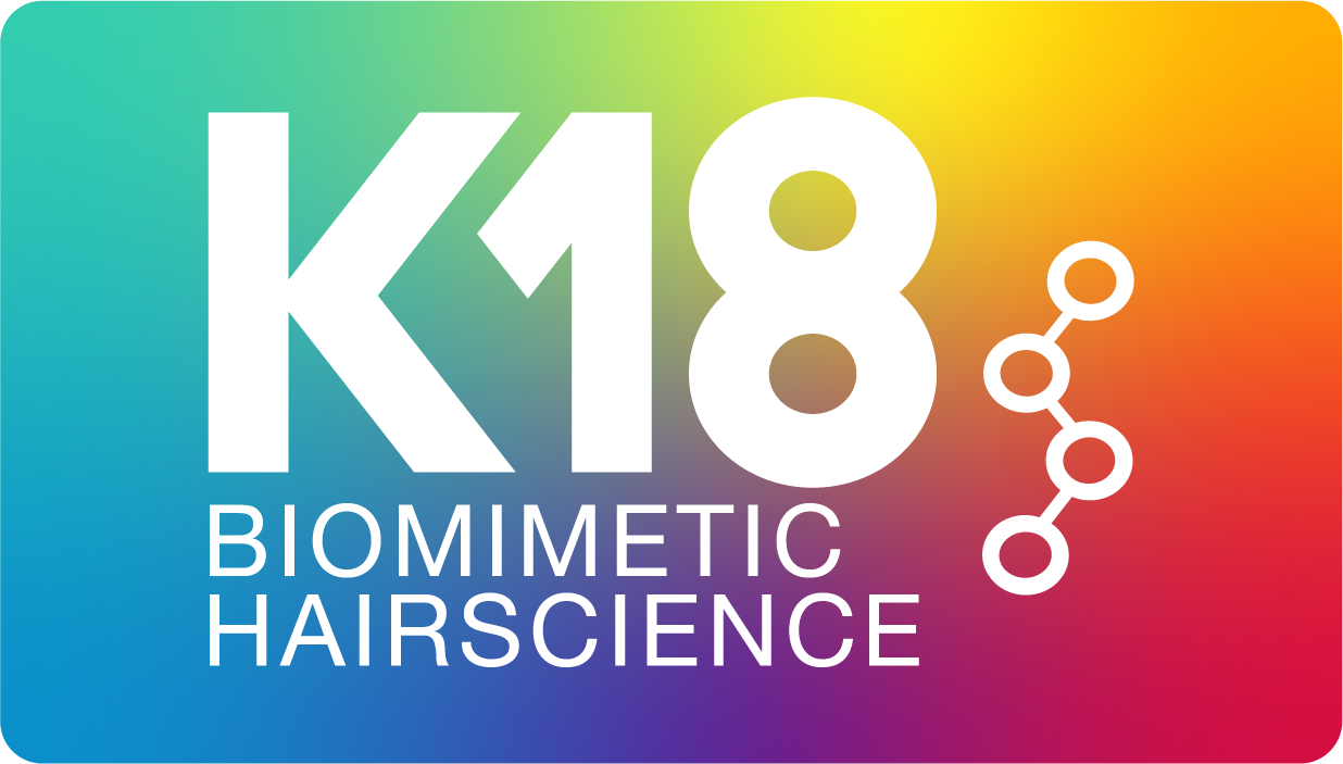 K18 Biomimetic Hairscience Logo, rainbow colored background.