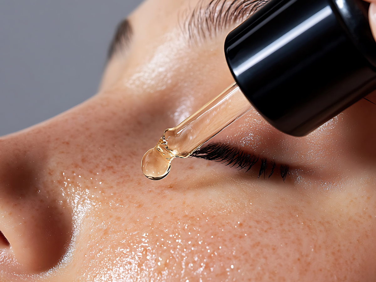 Dropper dispensing serum onto skin near eye; close-up shot.