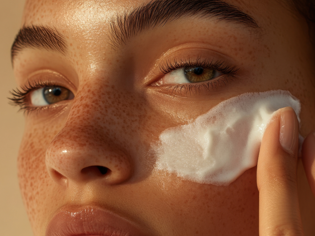 Woman with freckles applying white cream to her face. Close-up shot with focus on her eyes and cream.