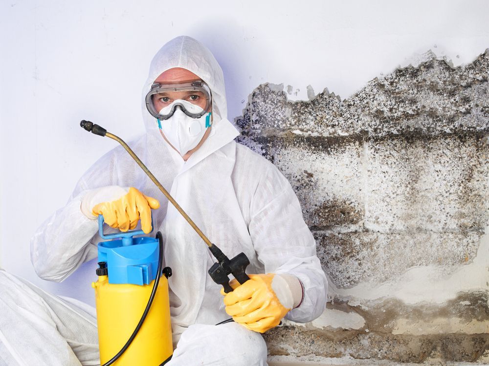 A man in a protective suit is spraying a wall with a sprayer.