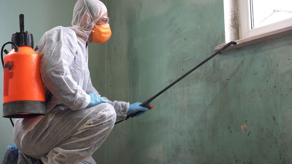 A man in a protective suit is spraying a wall with a sprayer.
