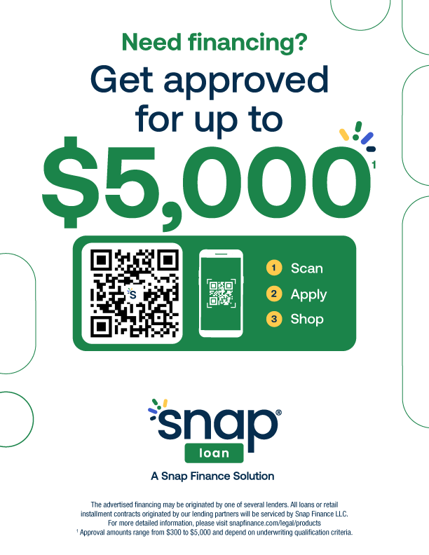Advertisement for Snap Finance loan: Get approved for up to $5,000. Instructions: Scan, Apply, Shop. Includes QR code and phone graphic.