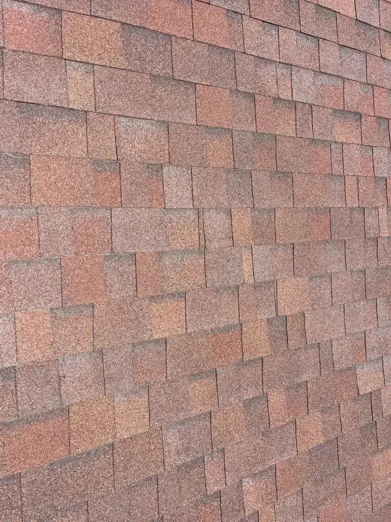 Close-up of a brown and reddish asphalt shingle roof.