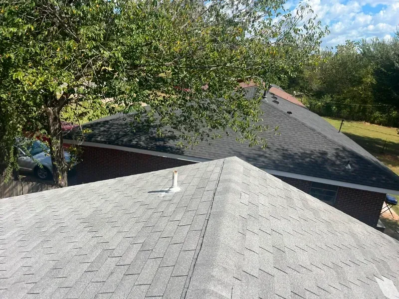 Gray asphalt shingle roofs of two houses, one with a tree in front. Blue sky and greenery visible.