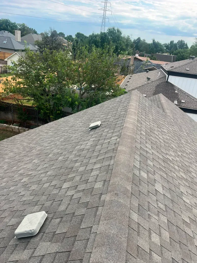 Roof with gray shingles, ventilation caps, and a view of trees and houses.