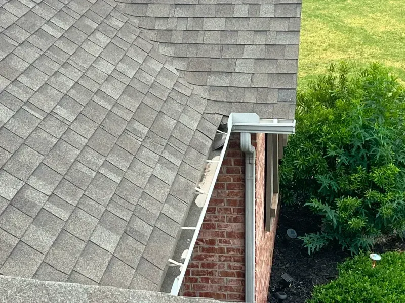 Gray shingled roof with a gutter and downspout against a brick wall, with green foliage visible.