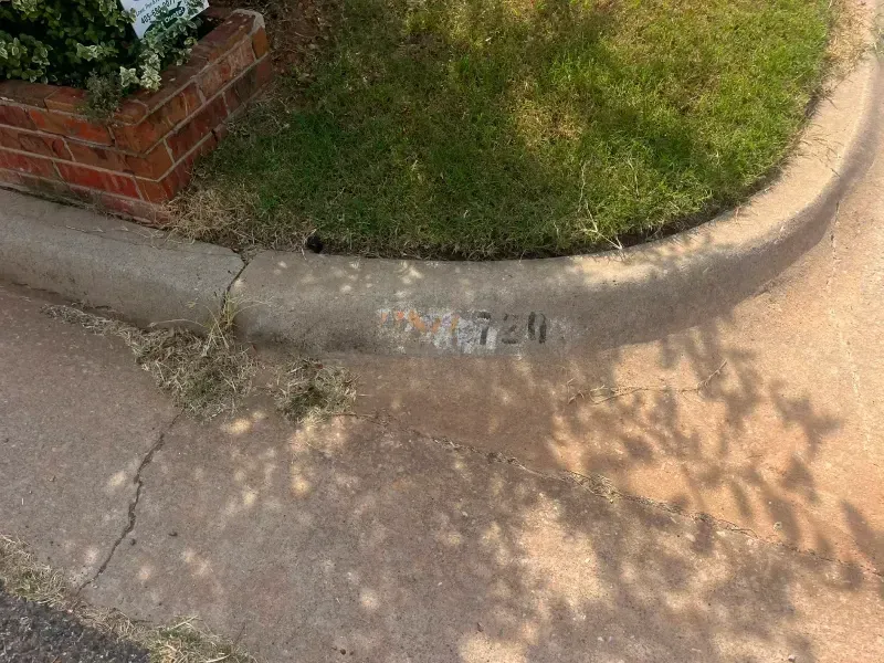 Concrete curb with green grass, red brick, and sidewalk.