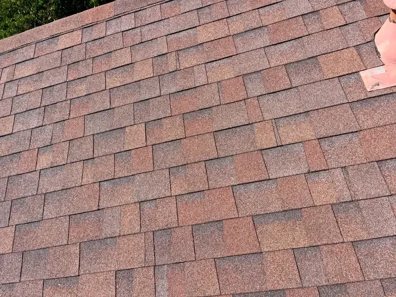Brown asphalt shingle roof with some missing or damaged shingles.