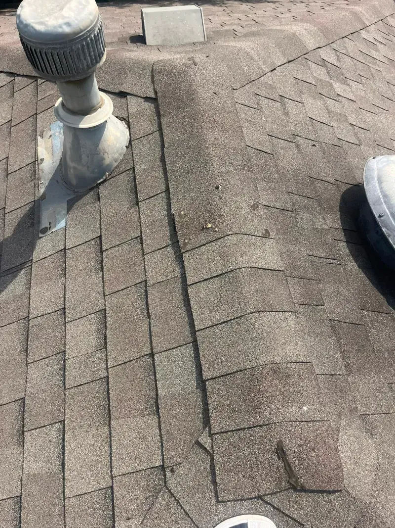 Brown shingled roof with discoloration. Vent pipes and a small rectangular object are visible.