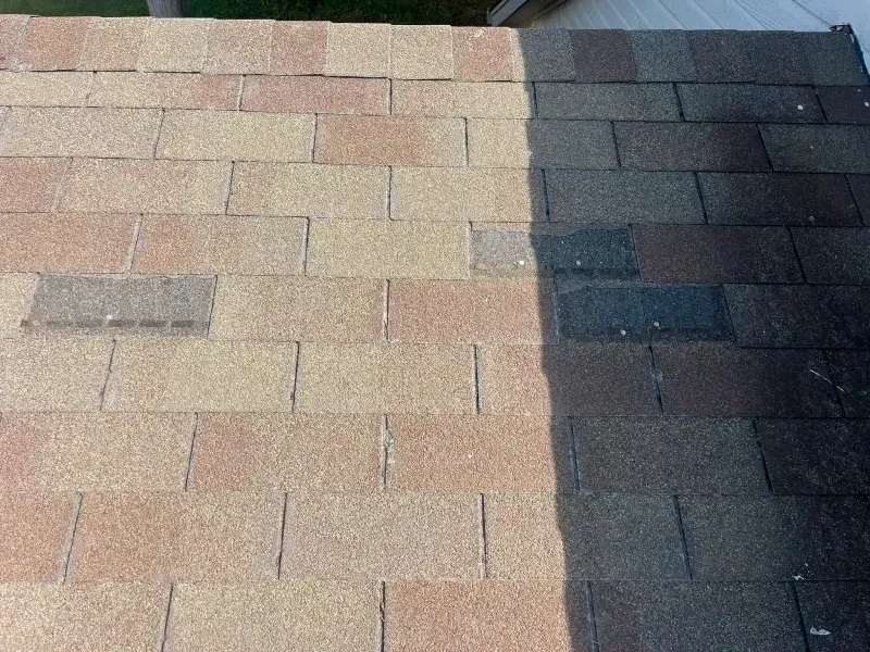 Roof shingles, half cleaned, showing color difference: light brown and dark gray.