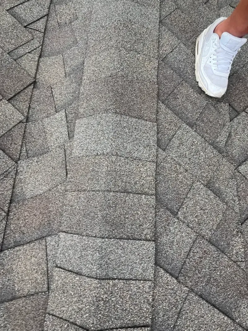 Gray asphalt shingle roof with a white sneaker.