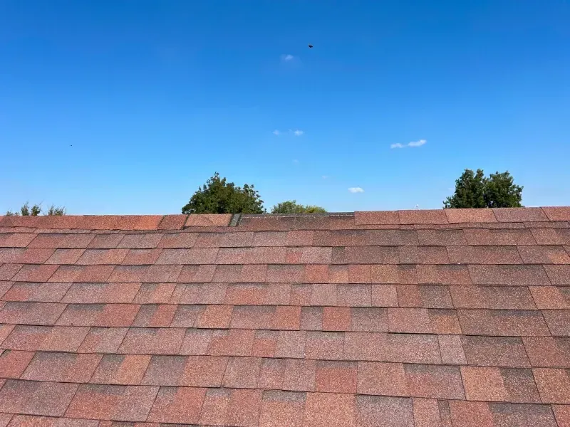 Red and brown shingle roof against a bright blue sky, trees in the distance.