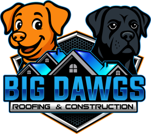 Logo: Cartoon dogs, orange and black, above blue roof, text "BIG DAWGS Roofing & Construction".