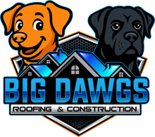 Logo: Cartoon dogs, orange and black, above blue roof, text "BIG DAWGS Roofing & Construction".