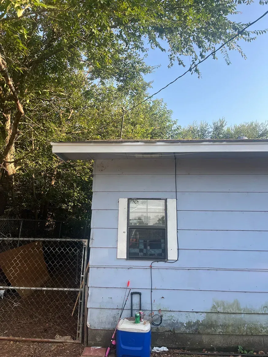 Blue building with a window and white shutters. A tree and chain link fence are nearby.