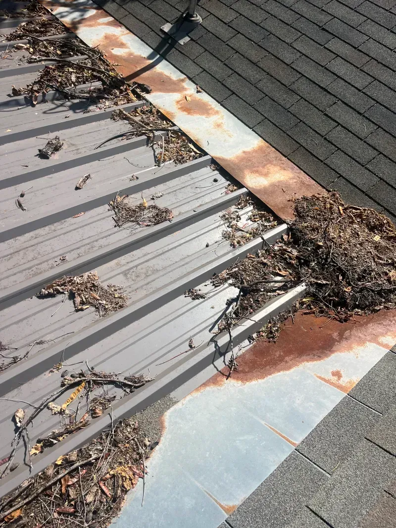 Rusting metal roof flashing filled with debris near shingle roof.