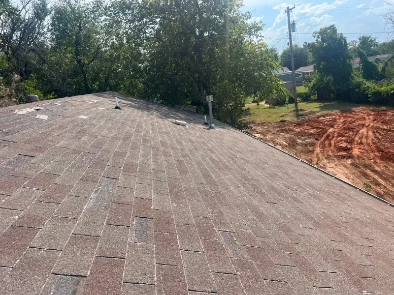 Asphalt shingle roof with worn, discolored appearance. Trees and an open field are in the background.